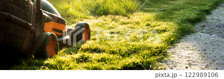 Freshly cut thick grass on the lawn, sunny day at sunset, low angle view. Green grass in the backyard, electric lawn mower Freshly cut thick grass on the lawn, sunny day at sunset, low angle view. Green grass in the backyard, electric lawn mower 122989106