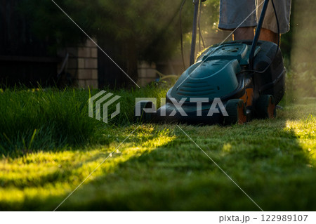 Freshly cut thick grass on the lawn, sunny day at sunset, low angle view. Green grass in the backyard, electric lawn mower 122989107