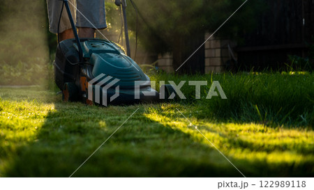Freshly cut thick grass on the lawn, sunny day at sunset, low angle view. Green grass in the backyard, electric lawn mower 122989118