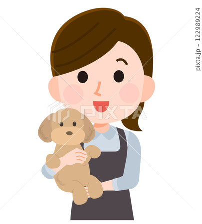 犬を抱く女性　ペットショップ店員　トリマー　イラスト 122989224