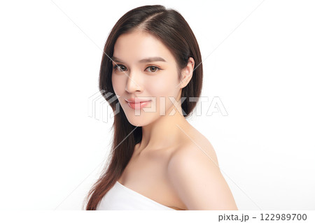 Beautiful young asian woman with clean fresh skin on white background, Face care, Facial treatment, Cosmetology, beauty and spa, Asian women portrait. Beautiful young asian woman with clean fresh skin on white background, Face care, Facial treatment, Cosmetology, beauty and spa, Asian women portrait. 122989700