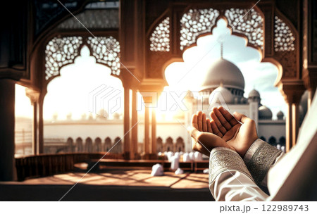 young Muslim man rise hand in front of mosque young Muslim man rise hand in front of mosque 122989743