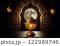 golden arabic lamp on the dark background 122989746
