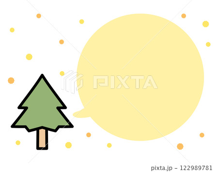 花粉が飛散するイラスト、杉の木とスギ花粉の吹き出しフレーム03 122989781