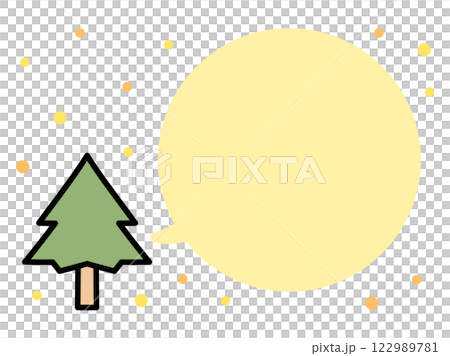 花粉が飛散するイラスト、杉の木とスギ花粉の吹き出しフレーム03 122989781