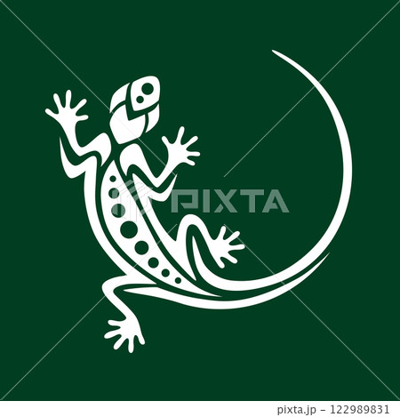 Lizards illustration Maori style. Round emblem or logo. White and green Lizards illustration Maori style. Round emblem or logo. White and green 122989831