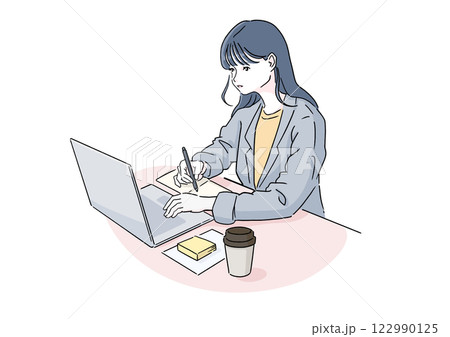 仕事・勉強に集中する女性 ノートPCとメモを使うビジネスパーソン 仕事・勉強に集中する女性 ノートPCとメモを使うビジネスパーソン 122990125