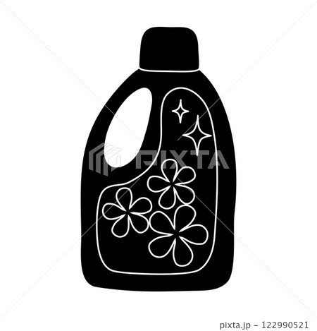 Black silhouette of bottle with cleaning or washing detergent, with flowers, glyph icon flat vector Black silhouette of bottle with cleaning or washing detergent, with flowers, glyph icon flat vector 122990521
