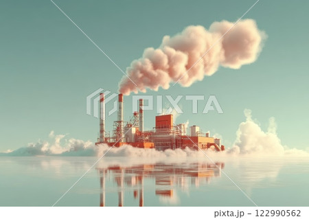 Industrial Power Plant Emitting Smoke Against Clear Sky and Water Reflection at Sunrise 122990562