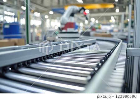 A conveyor belt with a robot on it 122990596