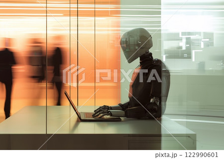 Futuristic Robot Working on Laptop in Modern Office Environment with Blurred Human Figures 122990601