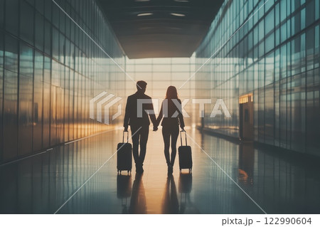 Romantic Couple Silhouette Holding Hands in Modern Airport Terminal 122990604