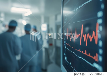 Medical Team Monitors Heart Rate on Screen in Hospital During Emergency Procedure Medical Team Monitors Heart Rate on Screen in Hospital During Emergency Procedure 122990615