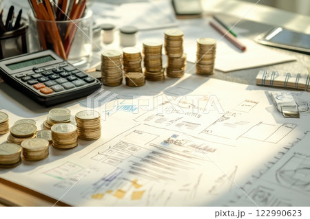 A pile of coins and a calculator sit on a table 122990623