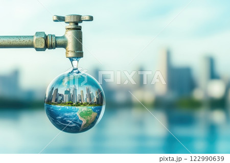 Water Drop Globe Image with Cityscape and Nature Elements 122990639