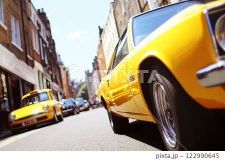 A yellow car is driving down a street with other cars in the background 122990645