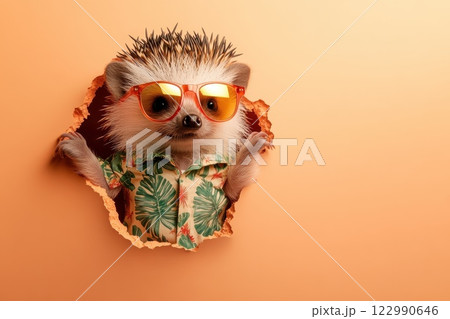 A cute hedgehog wearing sunglasses and a Hawaiian shirt 122990646