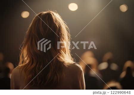 A woman with long brown hair stands in front of a crowd of people A woman with long brown hair stands in front of a crowd of people 122990648