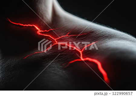 Dramatic Close-Up of Red Lightning Effect on Human Skin Texture 122990657