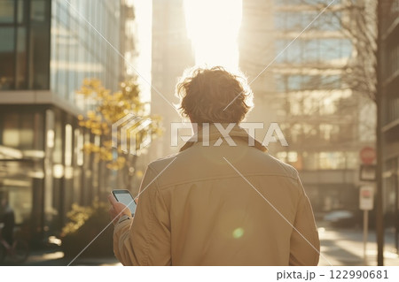 Person Holding Smartphone Walking Down Urban Street with Sunlight in Downtown City Person Holding Smartphone Walking Down Urban Street with Sunlight in Downtown City 122990681