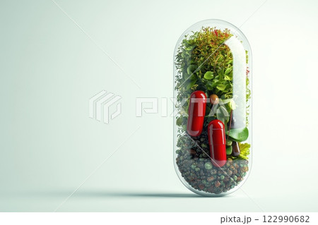 Ultra Realistic 3D Render of Medicine Capsule with Plant Elements Ultra Realistic 3D Render of Medicine Capsule with Plant Elements 122990682