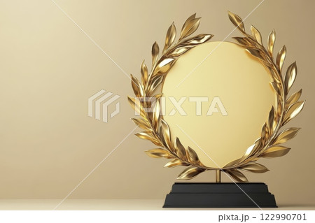 A gold wreath with a blank center sits on a black base A gold wreath with a blank center sits on a black base 122990701