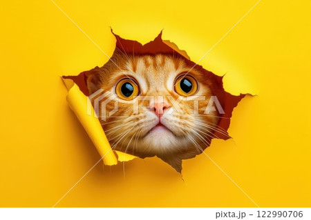 A cat with its eyes wide open is peeking out from a yellow paper 122990706