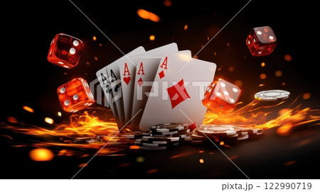 High-Stakes Card Game with Aces, Dice, and Chips Sparked by Flames in Dark Background High-Stakes Card Game with Aces, Dice, and Chips Sparked by Flames in Dark Background 122990719