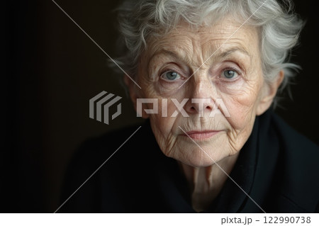A woman with gray hair and blue eyes is looking at the camera A woman with gray hair and blue eyes is looking at the camera 122990738