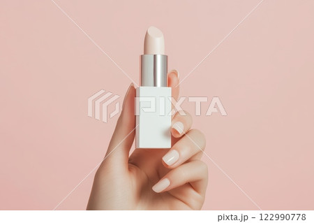 A woman is holding a white lipstick in her hand A woman is holding a white lipstick in her hand 122990778