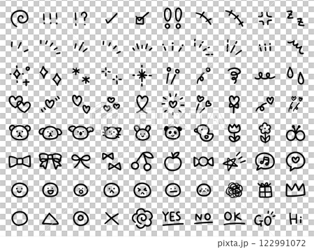 手書きの飾りイラストのベクターイラストセット。手描き、集中線、注目、ハート、リボン 手書きの飾りイラストのベクターイラストセット。手描き、集中線、注目、ハート、リボン 122991072