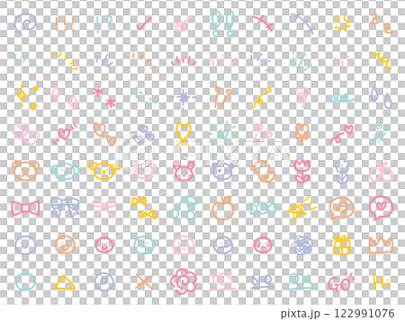 手書きの飾りイラストのベクターイラストセット。手描き、集中線、注目、ハート、リボン 手書きの飾りイラストのベクターイラストセット。手描き、集中線、注目、ハート、リボン 122991076