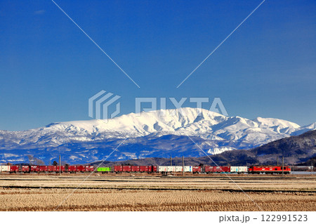 冬の庄内平野　田舎風景　貨物列車 122991523