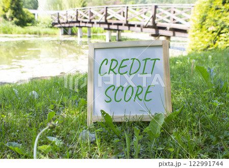 Credit Score symbol. Blackboard with words Credit Score. Beautiful meadow background with bridge. Business and Credit Score concept. Copy space. 122991744