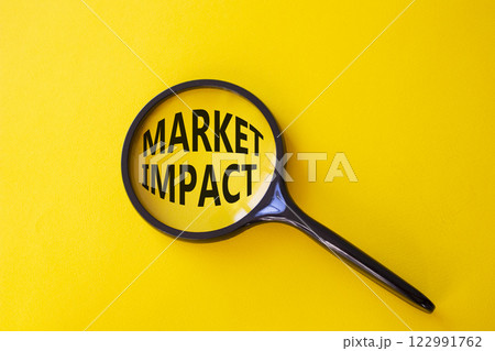 Market impact symbol. Concept word Market impact on magnifying glass. Beautiful yellow background. Business and Market impact concept. Copy space. 122991762