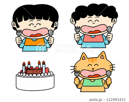 誕生日ケーキを食べる子どもとねこ　セット 122991831