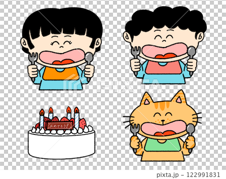 Set of children and cats eating birthday cake 122991831