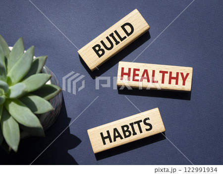 Healthy habits symbol. Concept word Build Healthy habits on wooden blocks. Beautiful deep blue background with succulent plant. Healthy lifestyle and Healthy habits concept. Copy space 122991934
