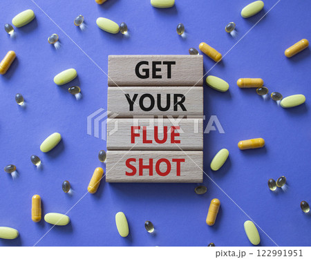 Get your Flue Shot symbol. Concept word Get your Flue Shot on wooden blocks. Beautiful purple background with pills. Medicine Get your Flue Shot concept. Copy space Get your Flue Shot symbol. Concept word Get your Flue Shot on wooden blocks. Beautiful purple background with pills. Medicine Get your Flue Shot concept. Copy space 122991951