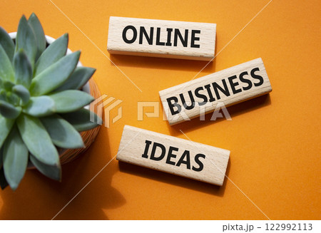 Online Business Ideas symbol. Wooden blocks with words Online Business Ideas. Beautiful orange background with succulent plant. Business concept. Copy space. Online Business Ideas symbol. Wooden blocks with words Online Business Ideas. Beautiful orange background with succulent plant. Business concept. Copy space. 122992113