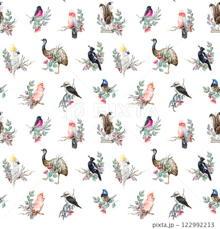 Australia native birds watercolor illustration seamless pattern decor element. Hand drawn cockatoo, fairy wren, kookaburra, magpie, emu with eucalyptus branches, flowers on white background 122992213