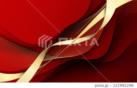 Abstract gold ribbon wave curve overlap on red design luxury background vector 122992296