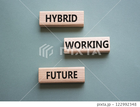 Hybrid Working Future symbol. Wooden blocks with words Hybrid Working Future. Beautiful grey green background. Business concept. Copy space. 122992348