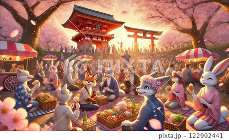 桜の下でお花見をするうさぎたち 122992441