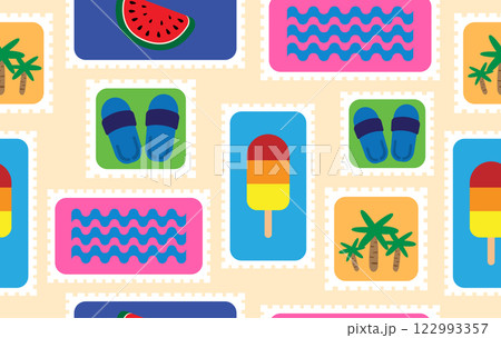 Summer pattern seamless fabric summer season. beach elements on stamp frames on yellow. Designed for background ,wallpaper ,summer pattern ,wrapping paper ,travel ,holiday ,weekend ,vacation ,trip 122993357