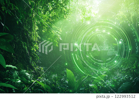 A lush green landscape with holographic data, symbolizing environmental impact assessment 122993512