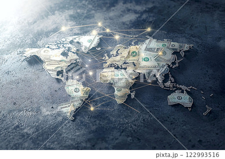 A global map of dollar bills with stock lines, representing interconnected financial markets 122993516