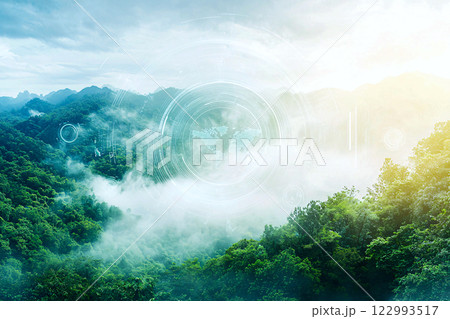 Holographic data overlays a green landscape, highlighting environmental impact analysis Holographic data overlays a green landscape, highlighting environmental impact analysis 122993517