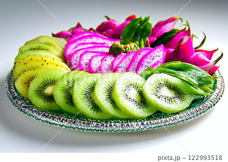 A refreshing platter with kiwi and dragon fruit, designed for an exotic health and fitness vibe A refreshing platter with kiwi and dragon fruit, designed for an exotic health and fitness vibe 122993518