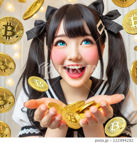 ビットコインを受け止めて喜ぶ女性 ビットコインを受け止めて喜ぶ女性 122994282